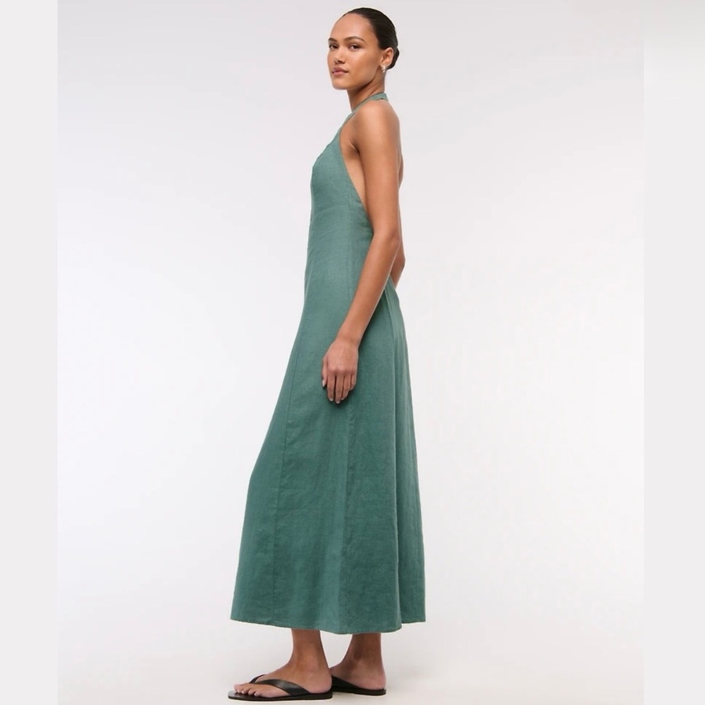 Abercrombie & Fitch Teal Premium Linen High-Neck Maxi Dress